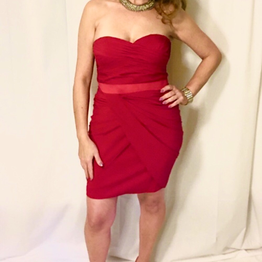 Aidan Mattox Strapless Red Satin & Chiffon Cocktail Dress